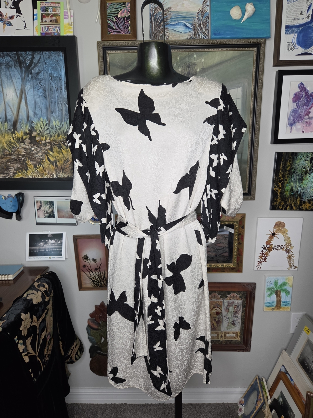 Vintage 80s Flora Kung Black & White Butterfly Print 100% Silk Midi Dress Size 2